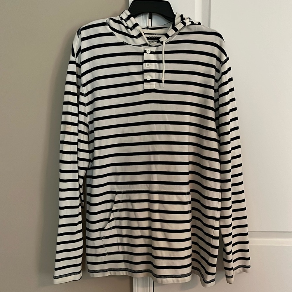 Men’s Long Sleeve Hooded Pullover White w Navy Stripes Size L Front Pocket